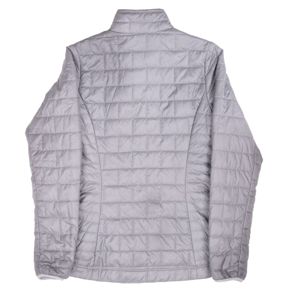 Back of grey Patagonia women's Nano Puff jacket showing horizontal quilting