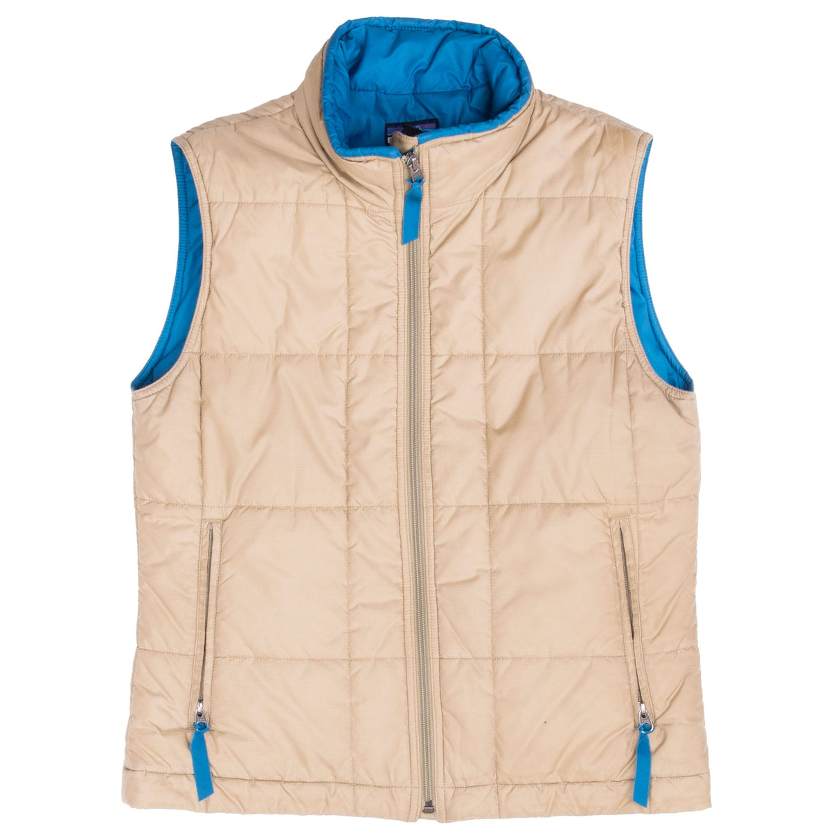 Front of beige Patagonia women's puffer vest with blue trim and three zipper pulls
