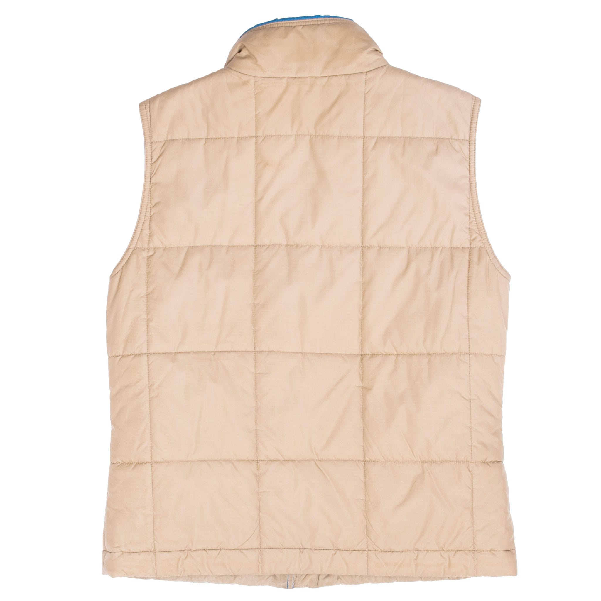 Back of beige Patagonia women's puffer vest with rectangular quilted panels