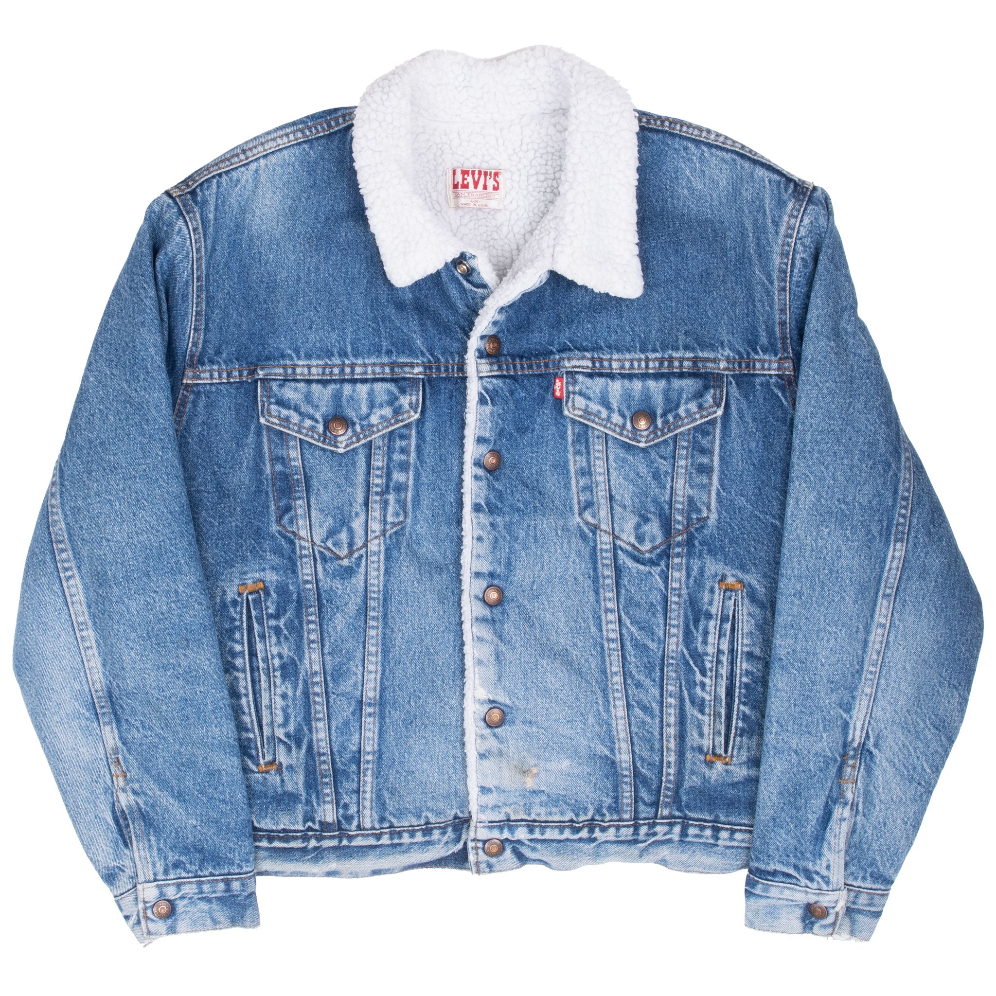 Vintage Levis Sherpa Trucker Blue Denim Jacket 1980S Size 42R Made In Usa