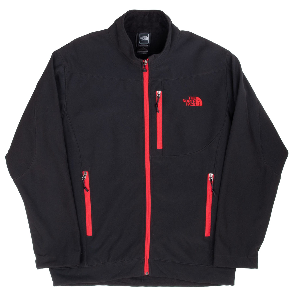 Full front view of black The North Face WindWall fleece jacket with red zippered pockets