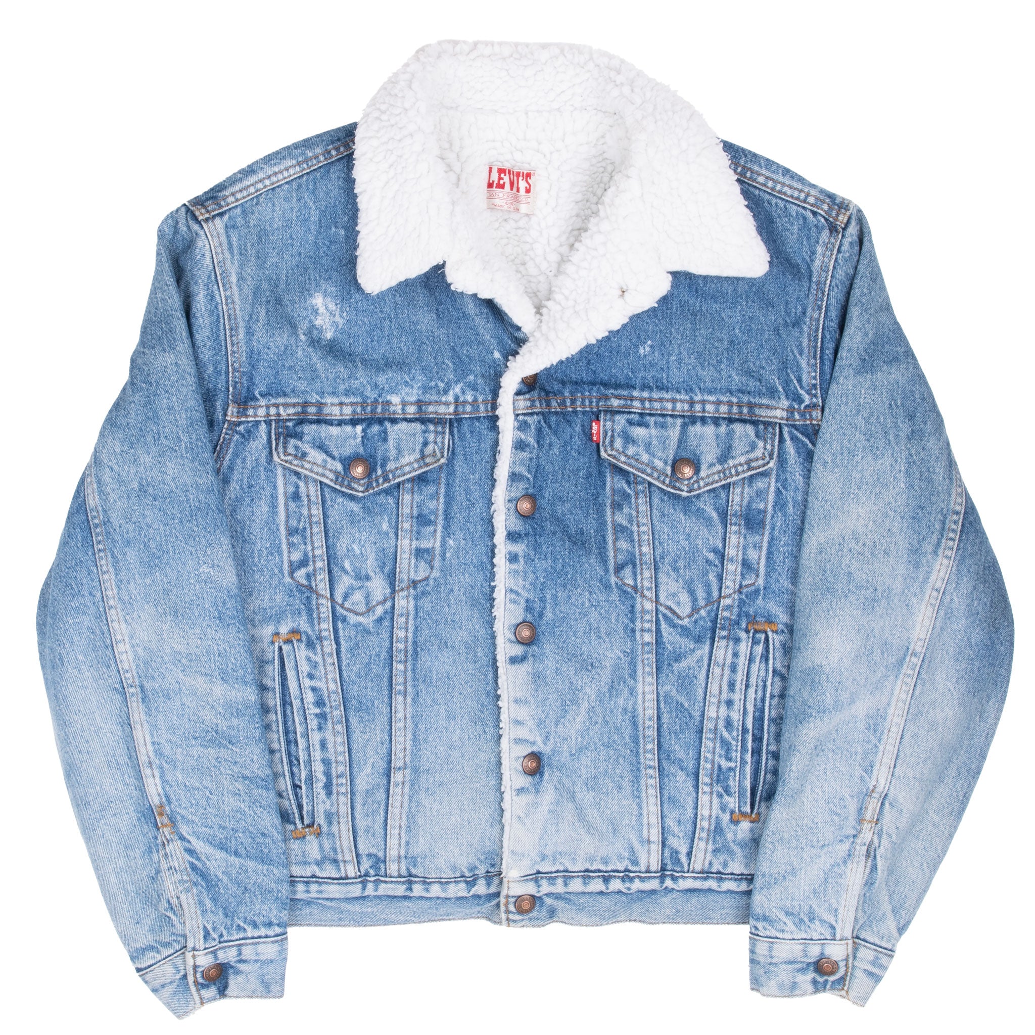 Vintage Levis Sherpa Trucker Blue Denim Jacket 1980S Size 42R Made In Usa