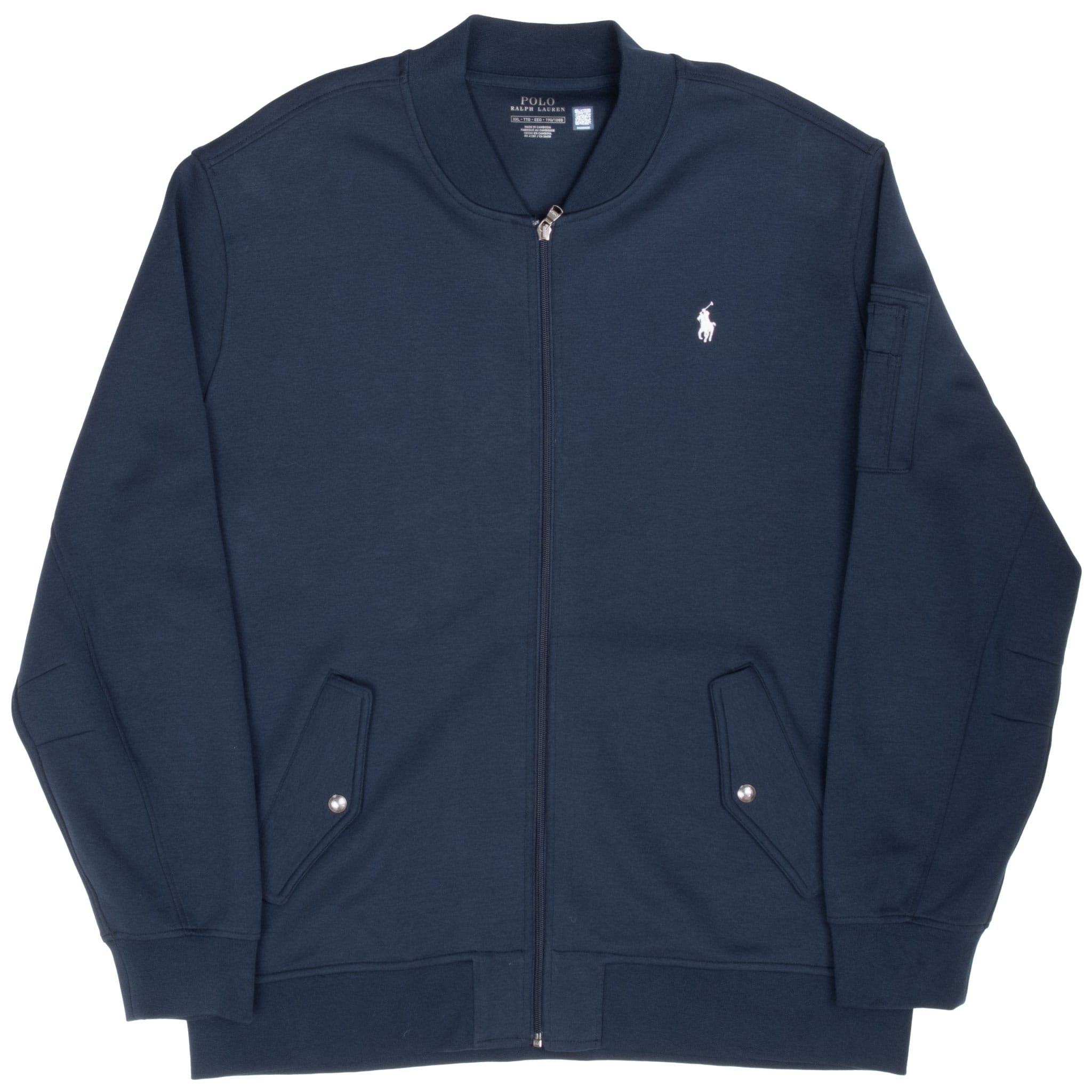 Full front view of navy Polo Ralph Lauren zip-up sweatshirt jacket
