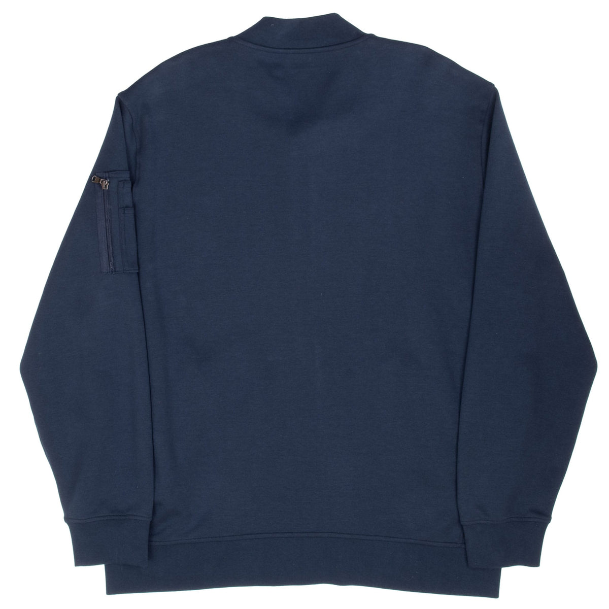 Back of navy Polo Ralph Lauren sweatshirt jacket with zippered sleeve pocket