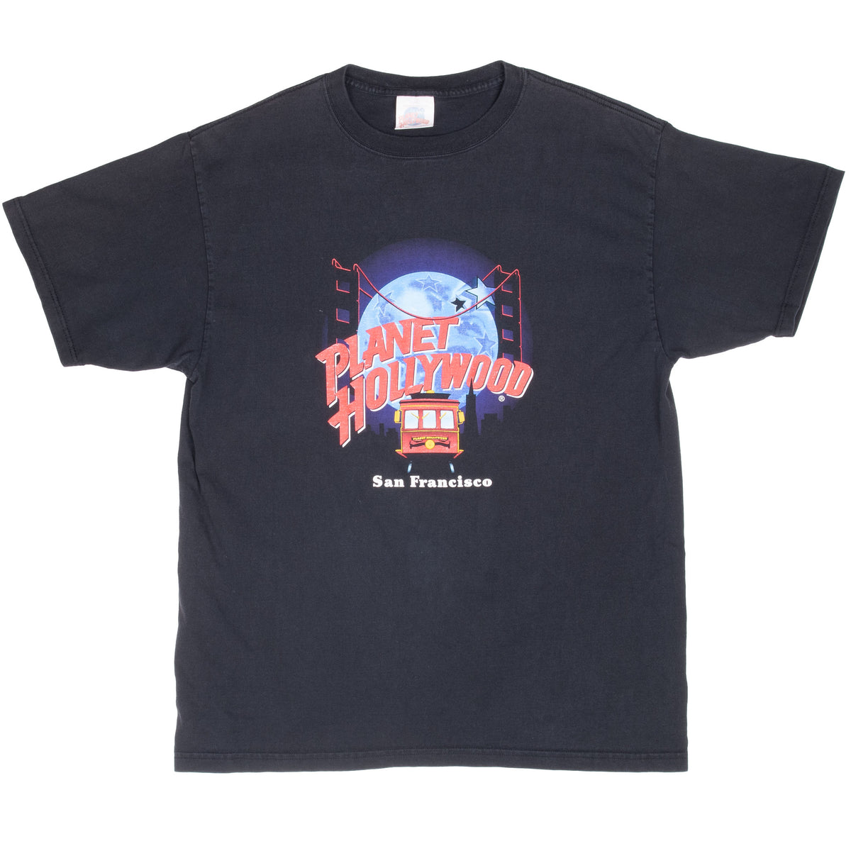 Full front view of black Planet Hollywood San Francisco graphic T-shirt