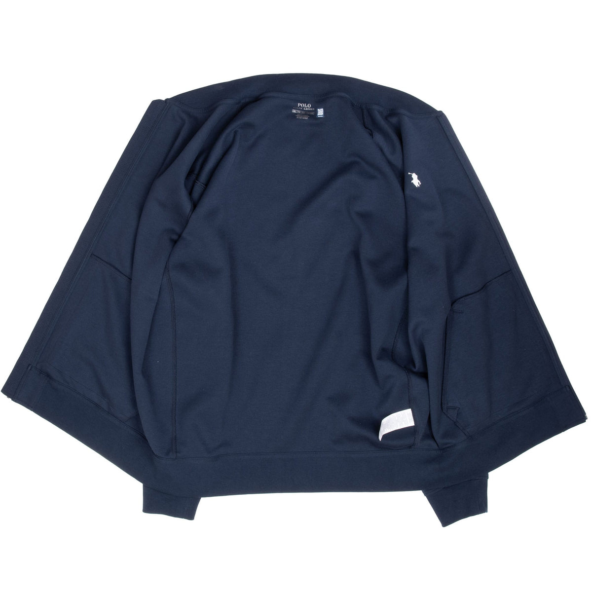 Interior view of navy Polo Ralph Lauren sweatshirt jacket laid open
