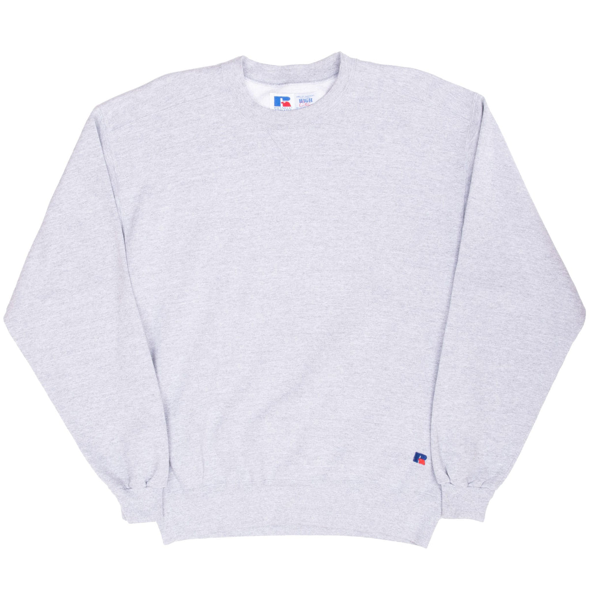 Full front view of grey Russell Athletic crewneck sweatshirt with ribbed cuffs and hem