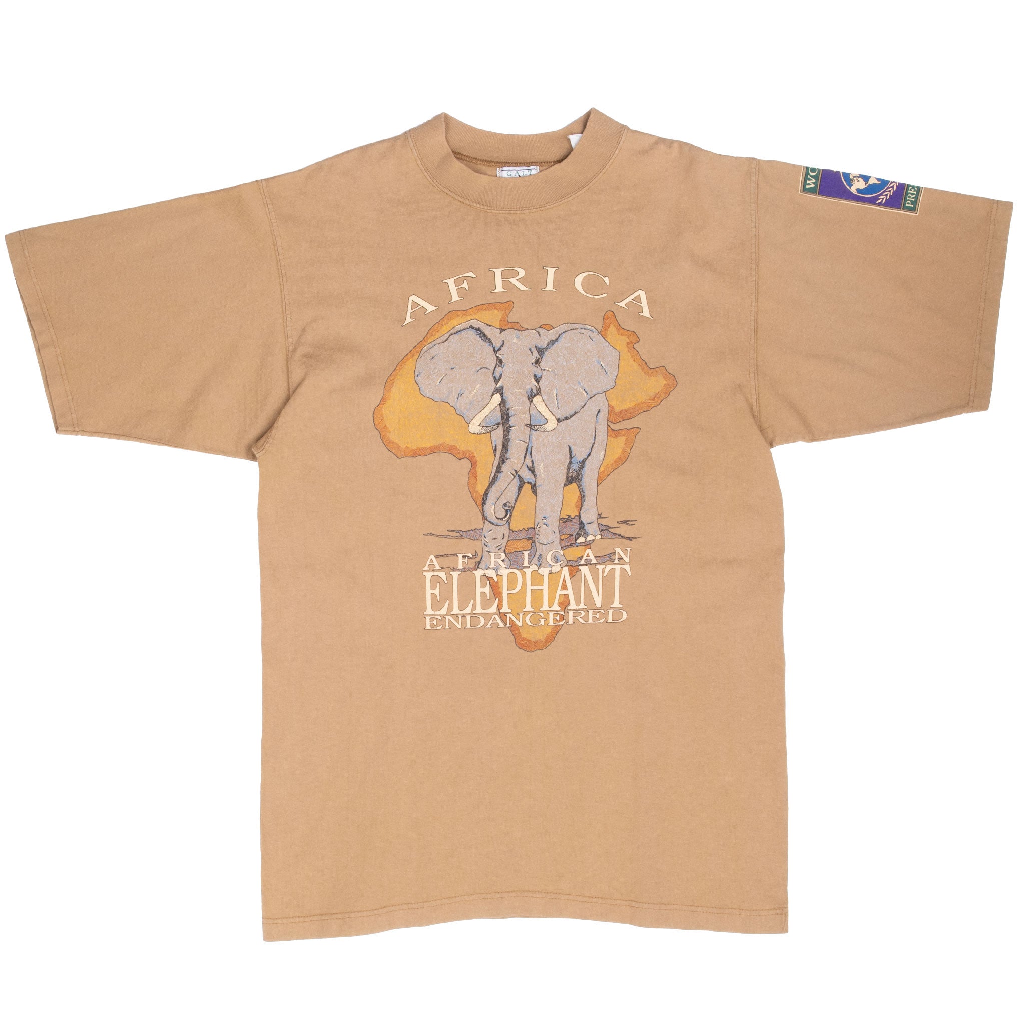 Full front view of tan African elephant graphic T-shirt