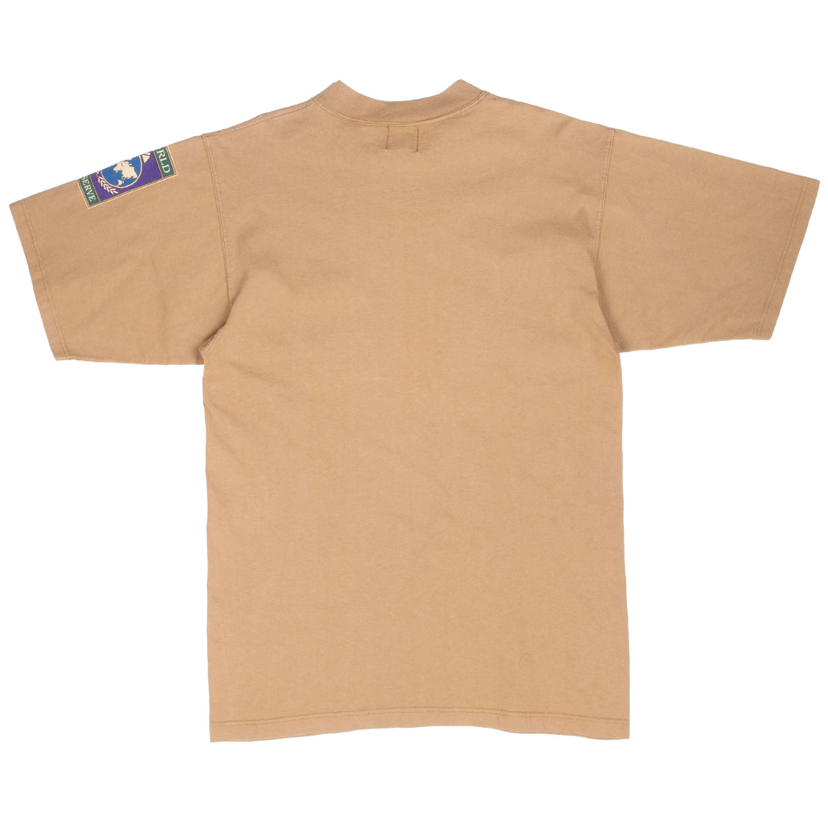 Back of tan T-shirt with World Preserve sleeve graphic
