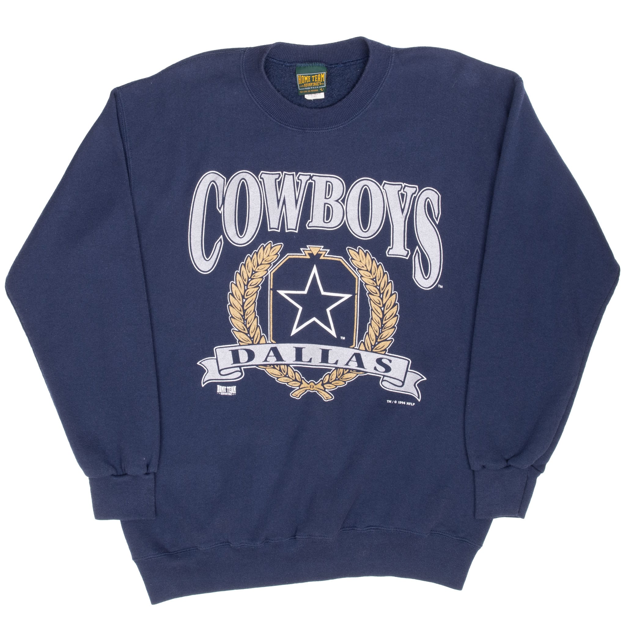 Full front view of navy Dallas Cowboys sweatshirt with silver Cowboys lettering and team star graphic