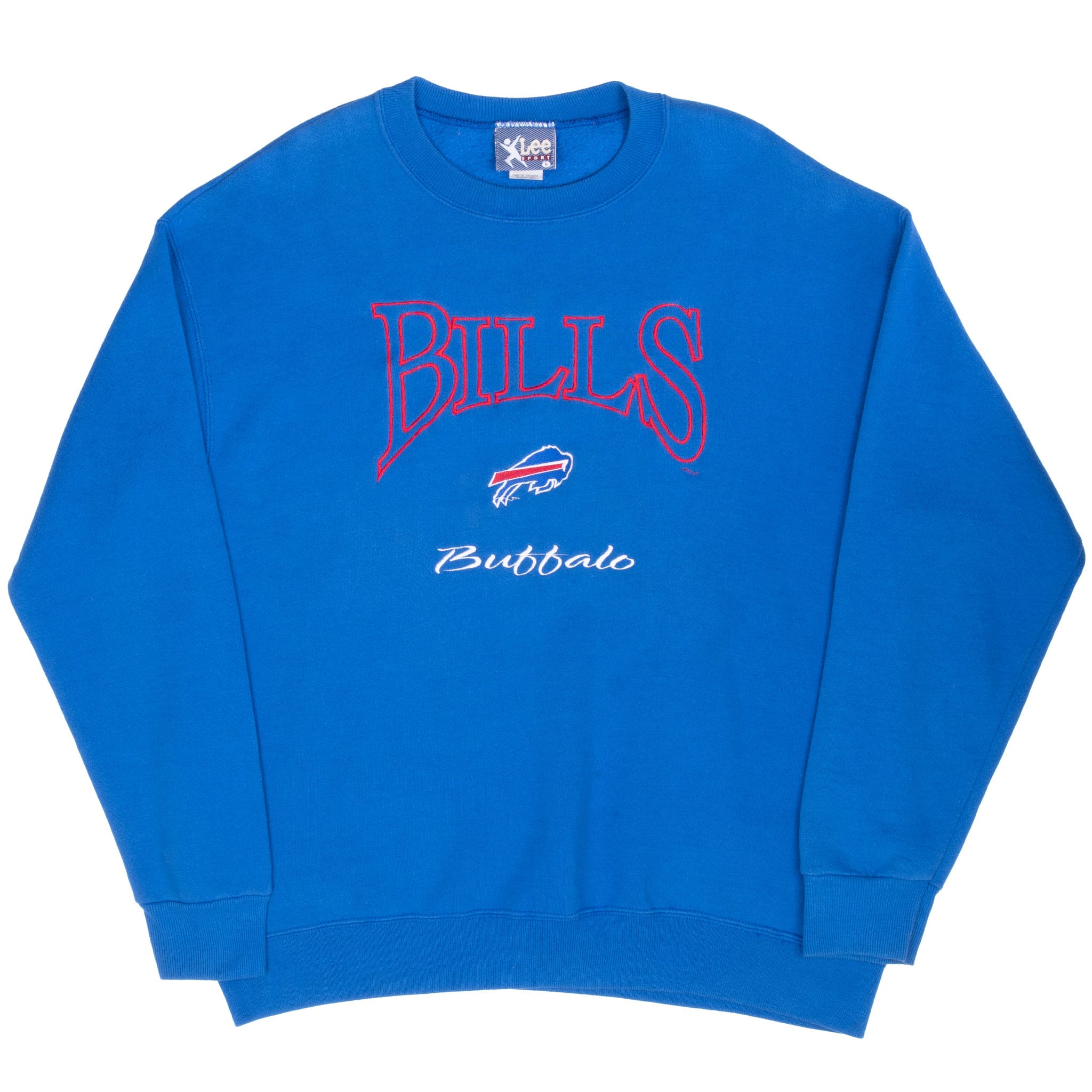 Full front view of blue Buffalo Bills embroidered crewneck sweatshirt