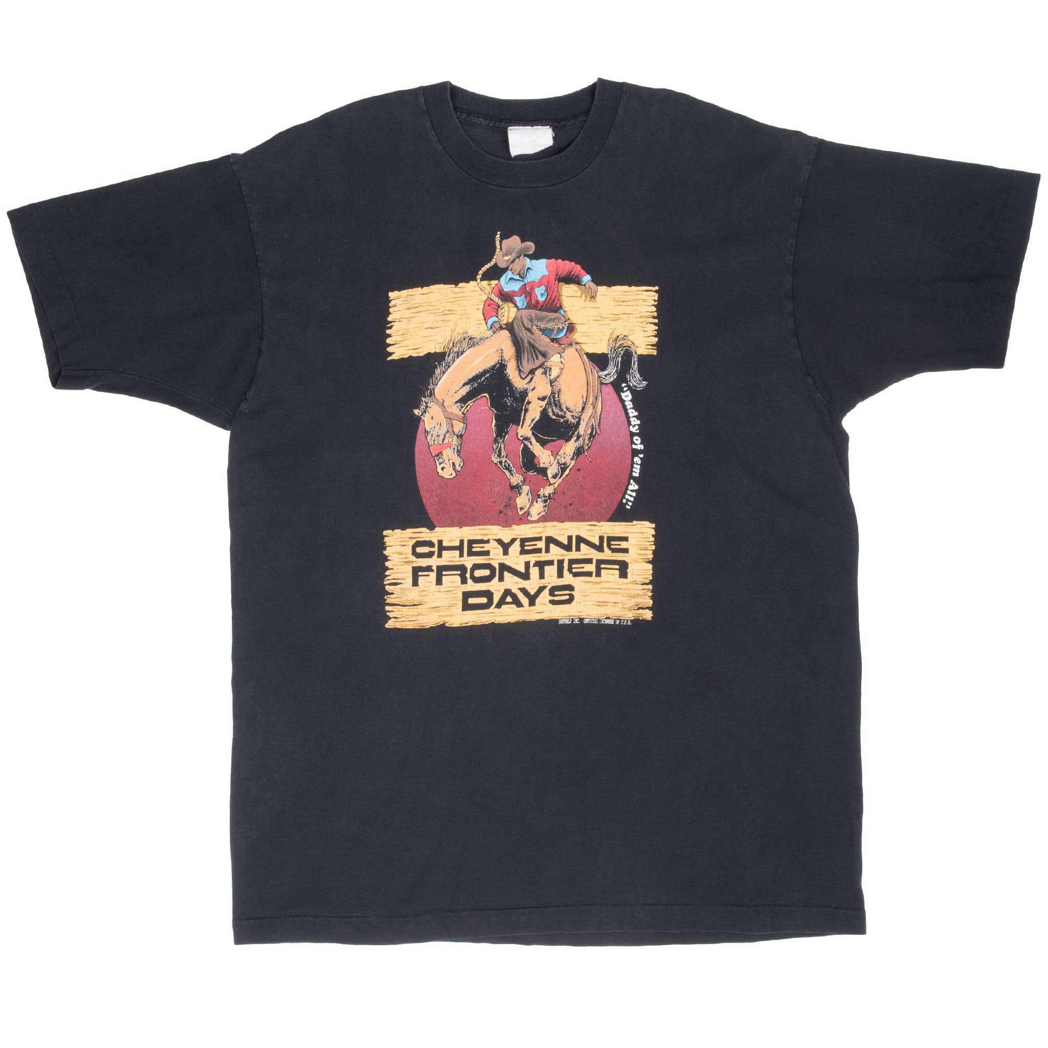 Full front view of black Cheyenne Frontier Days rodeo graphic T-shirt