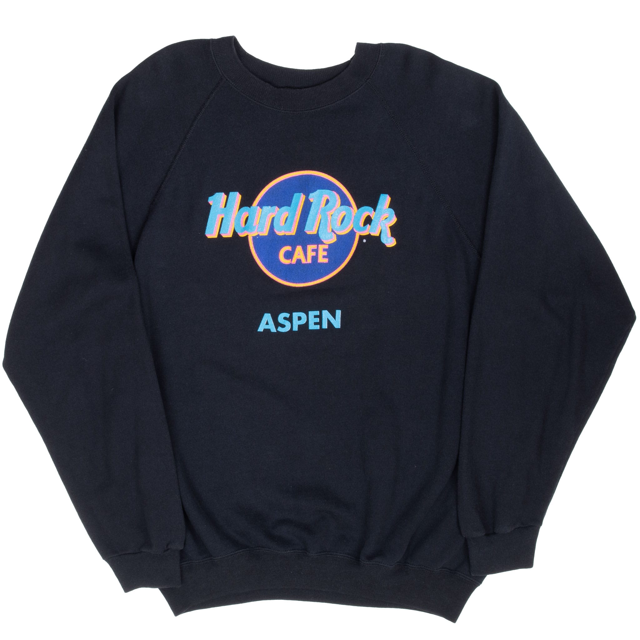 Full front view of black Hard Rock Cafe Aspen sweatshirt with colorful chest graphic