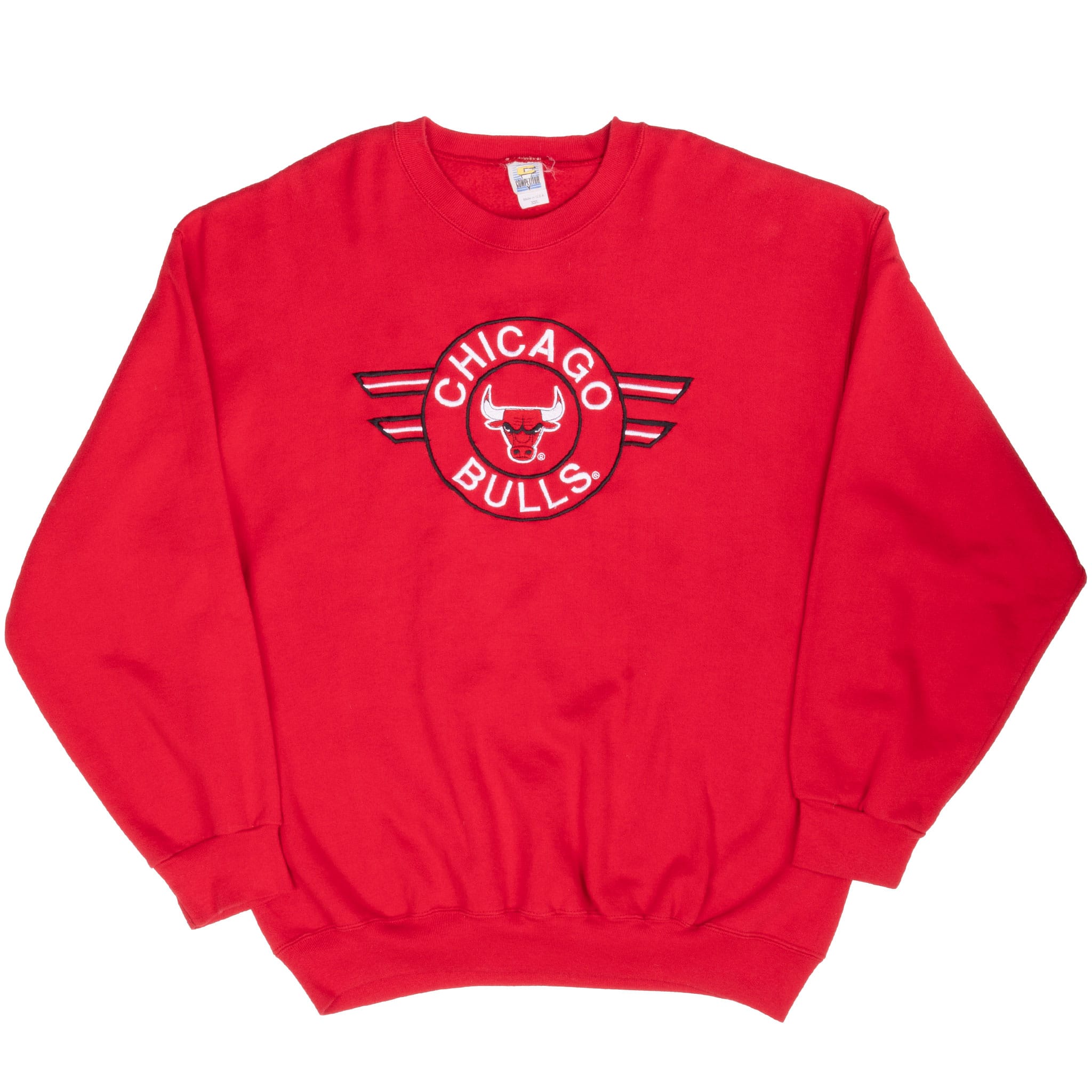 Full front view of red Chicago Bulls sweatshirt with circular embroidered team graphic