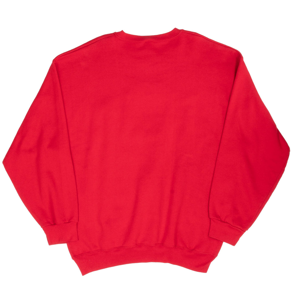 Back of red Chicago Bulls crewneck sweatshirt with ribbed cuffs and hem