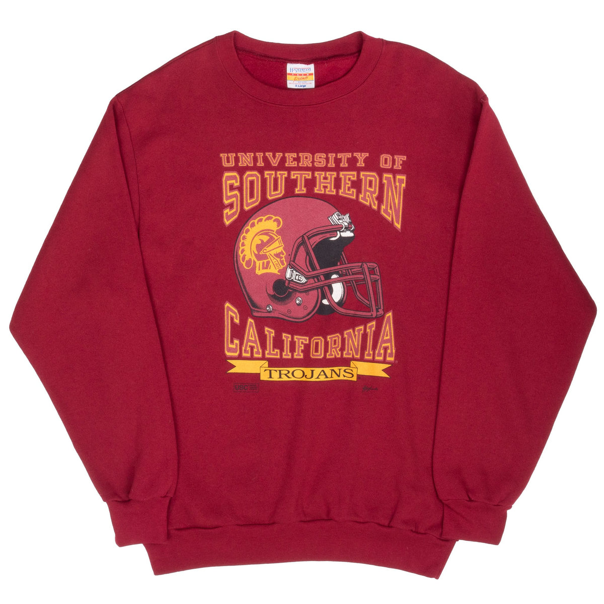 Full front view of cardinal red USC Trojans crewneck sweatshirt with helmet graphic