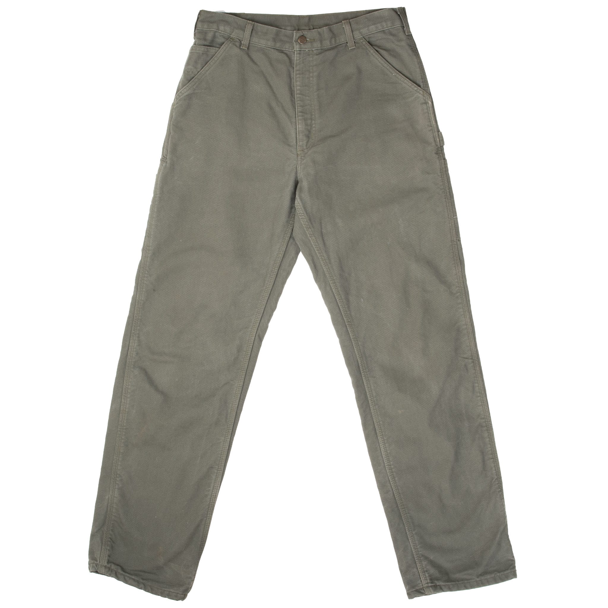 Front of green Carhartt flannel-lined carpenter pants with slash pockets