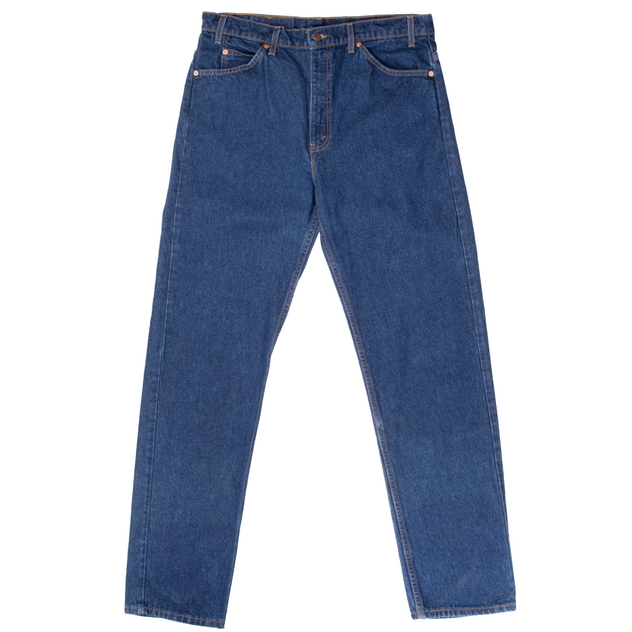 Front of Levi's 505 dark indigo straight-leg jeans with five-pocket styling and contrast stitching