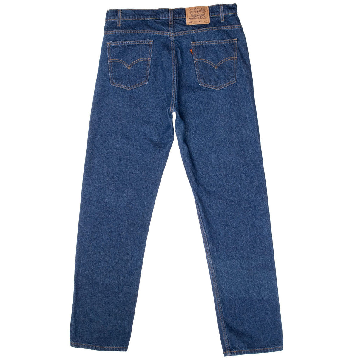 Back of Levi's 505 dark indigo jeans with arcuate pockets, orange tab, and two-horse patch
