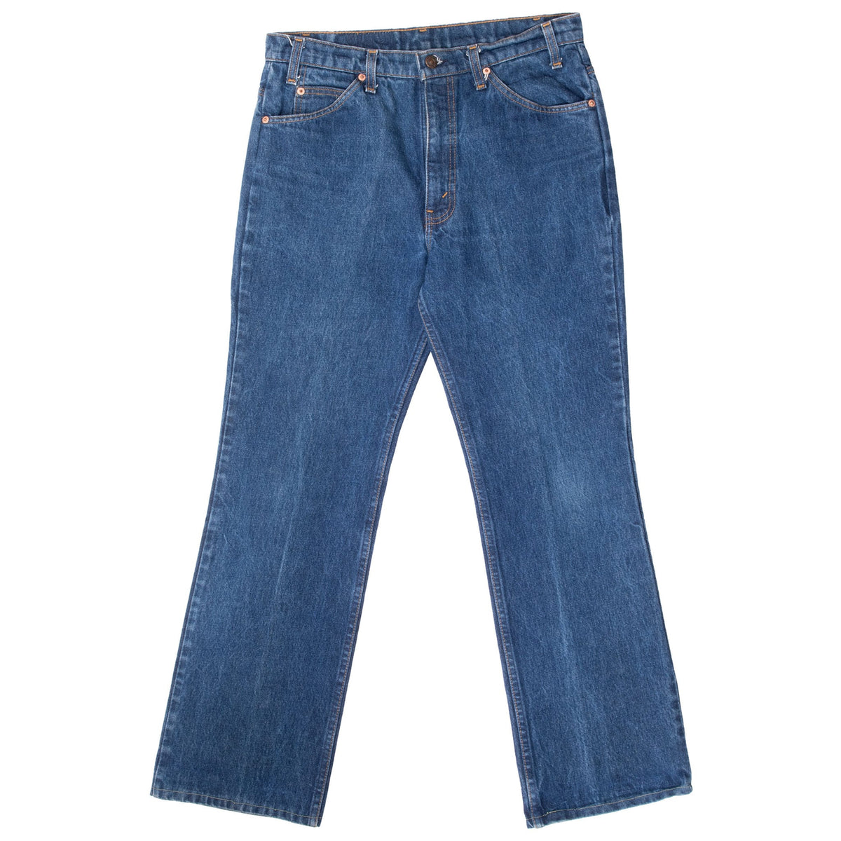 Front view of Levi's 505 indigo jeans with five-pocket styling and contrast stitching
