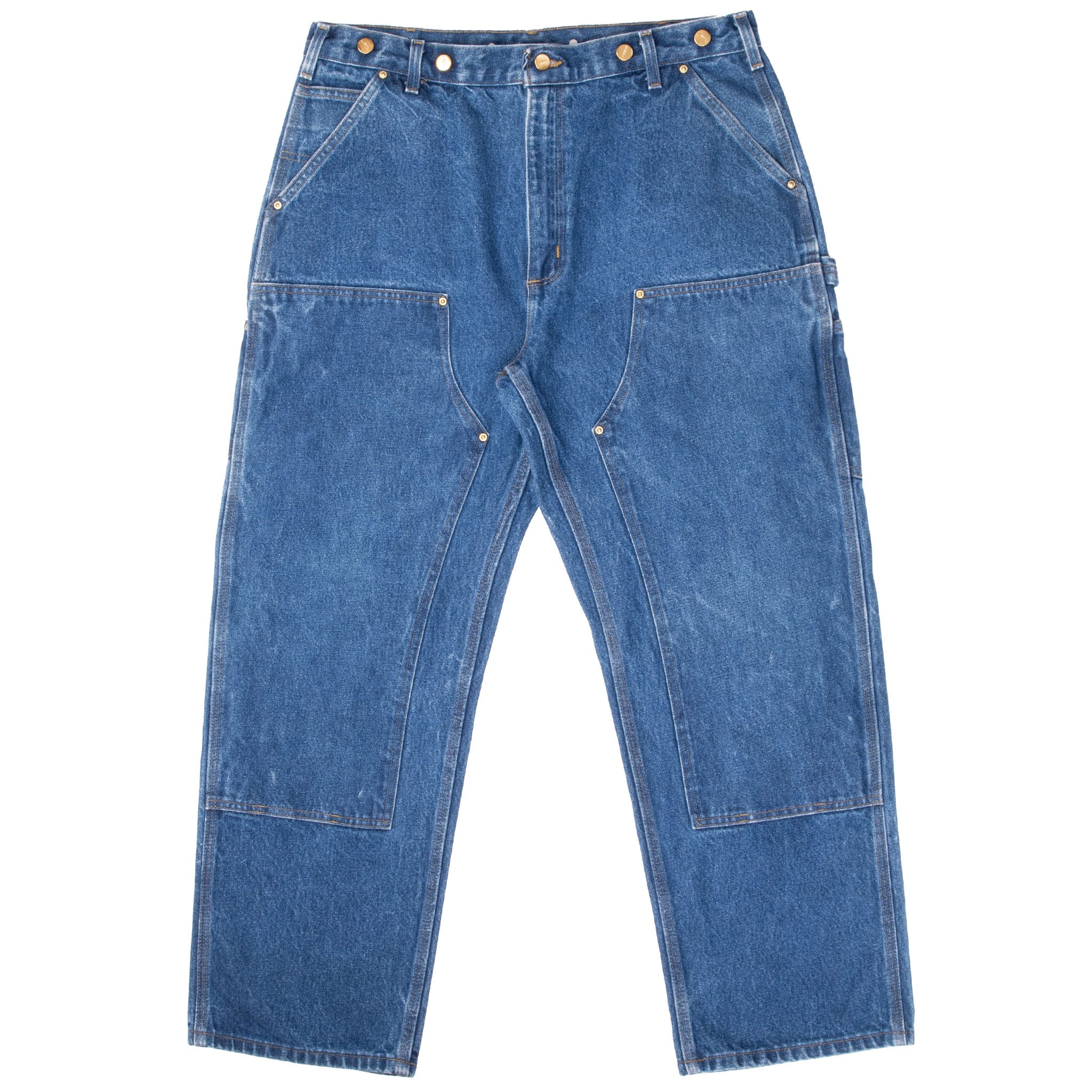 Front of blue Carhartt B07 carpenter jeans with riveted double-knee panels