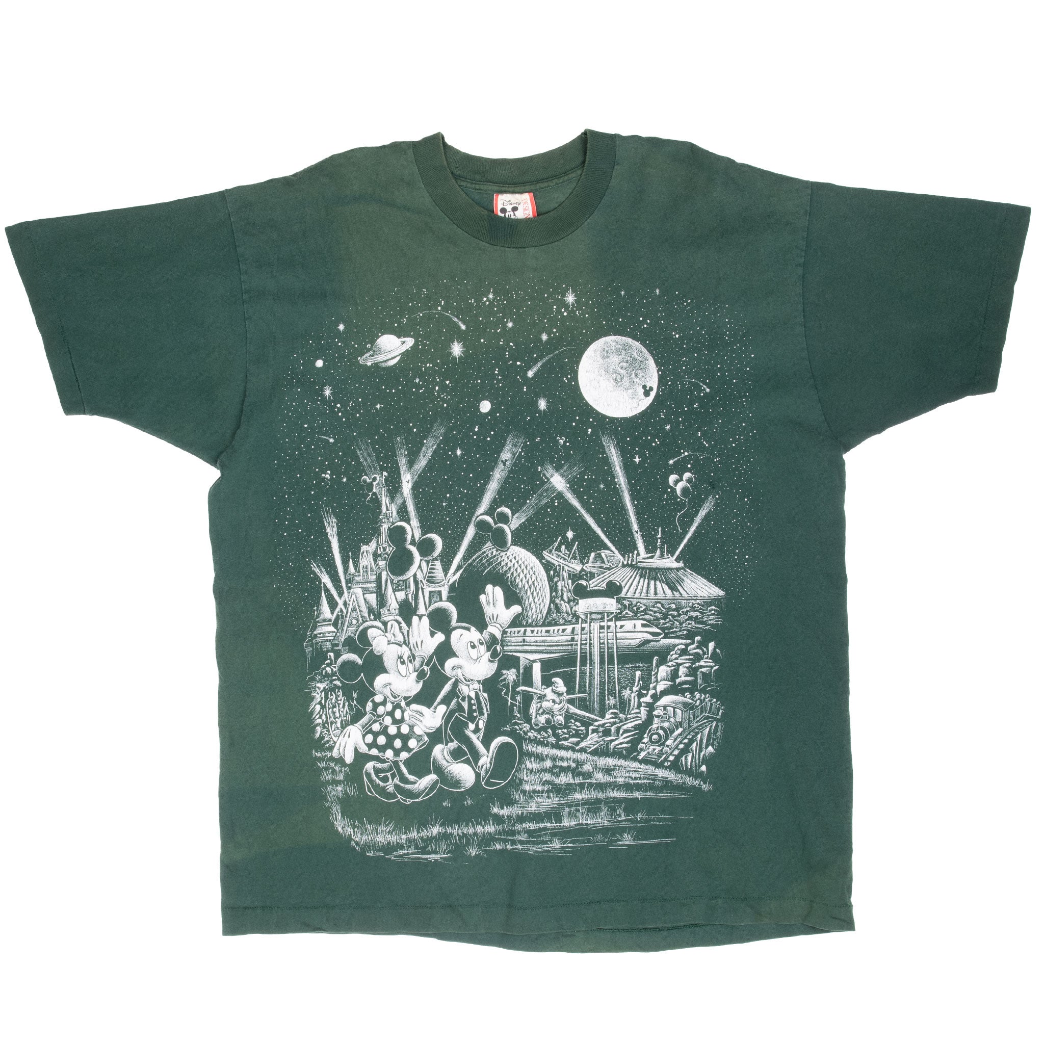 Full front view of dark green Disney Mickey and Minnie graphic T-shirt