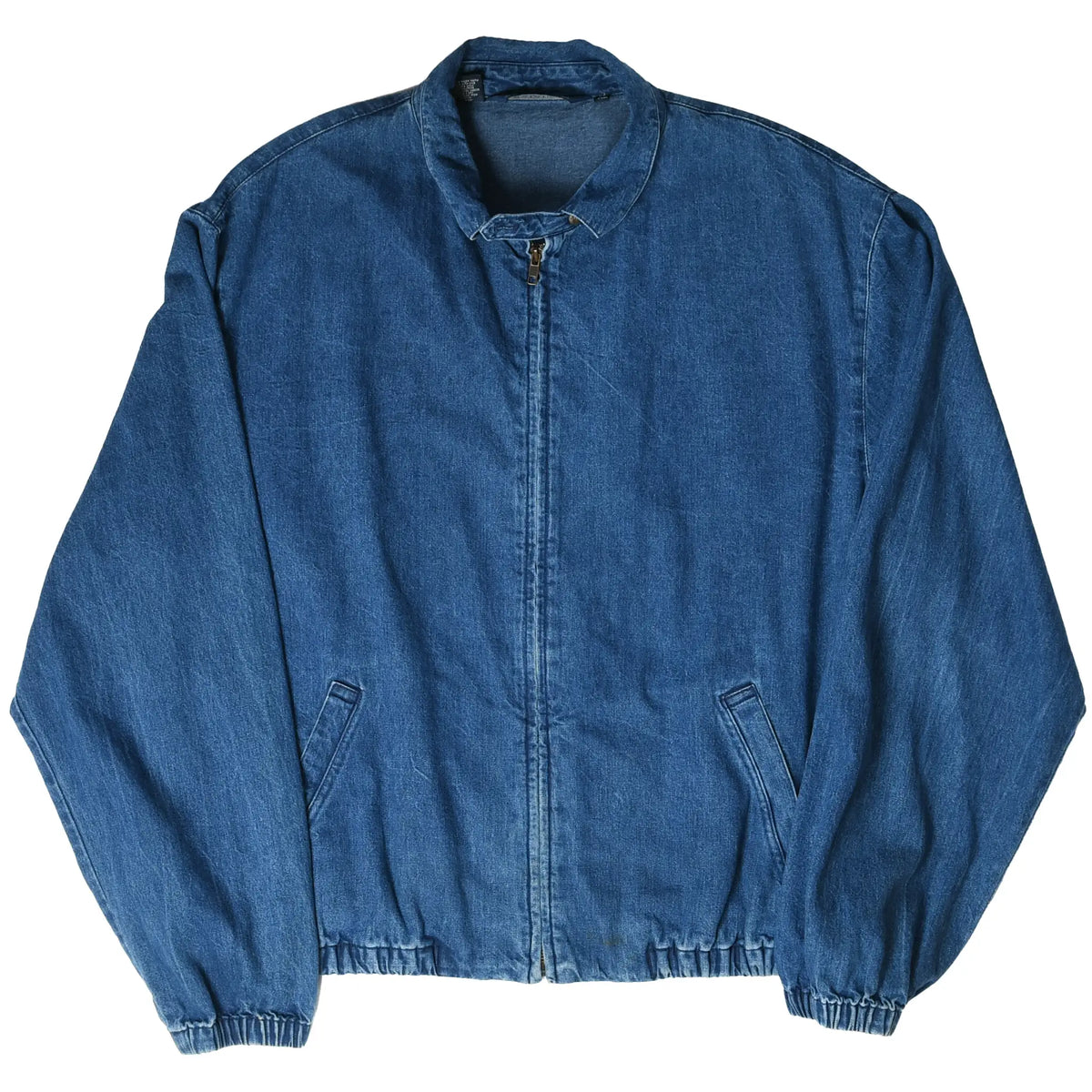 Full front of blue Polo Ralph Lauren denim Harrington jacket with zip front and elasticated hem and cuffs