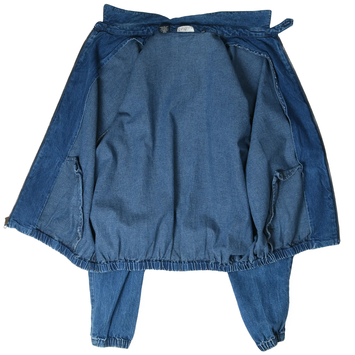 Interior view of blue Polo Ralph Lauren denim Harrington jacket showing unlined construction and seams