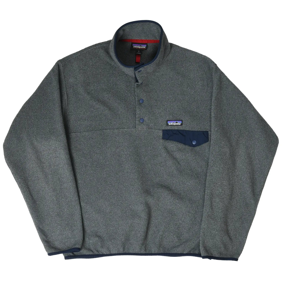Full front view of grey Patagonia Snap-T Synchilla fleece pullover with navy chest pocket