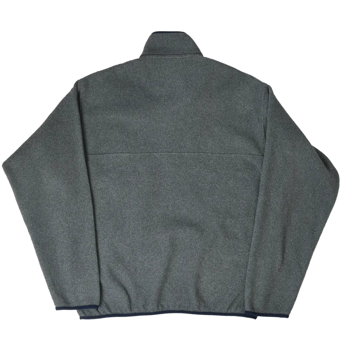 Back of grey Patagonia Snap-T Synchilla fleece pullover with navy trim