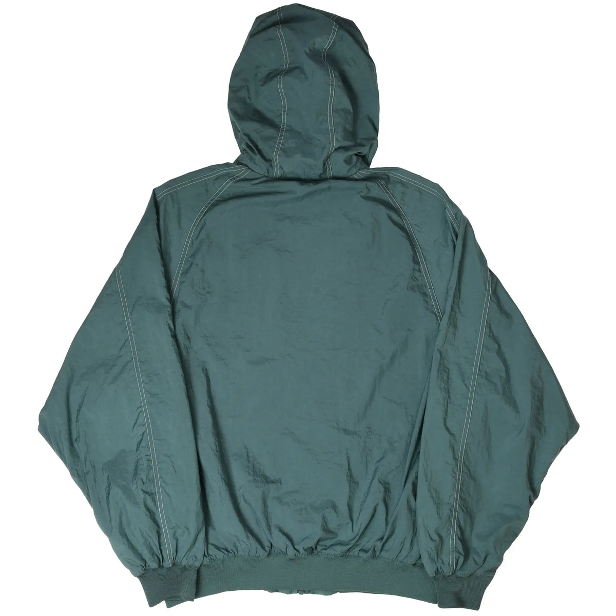Back of green Nike hooded windbreaker with contrast seam stitching