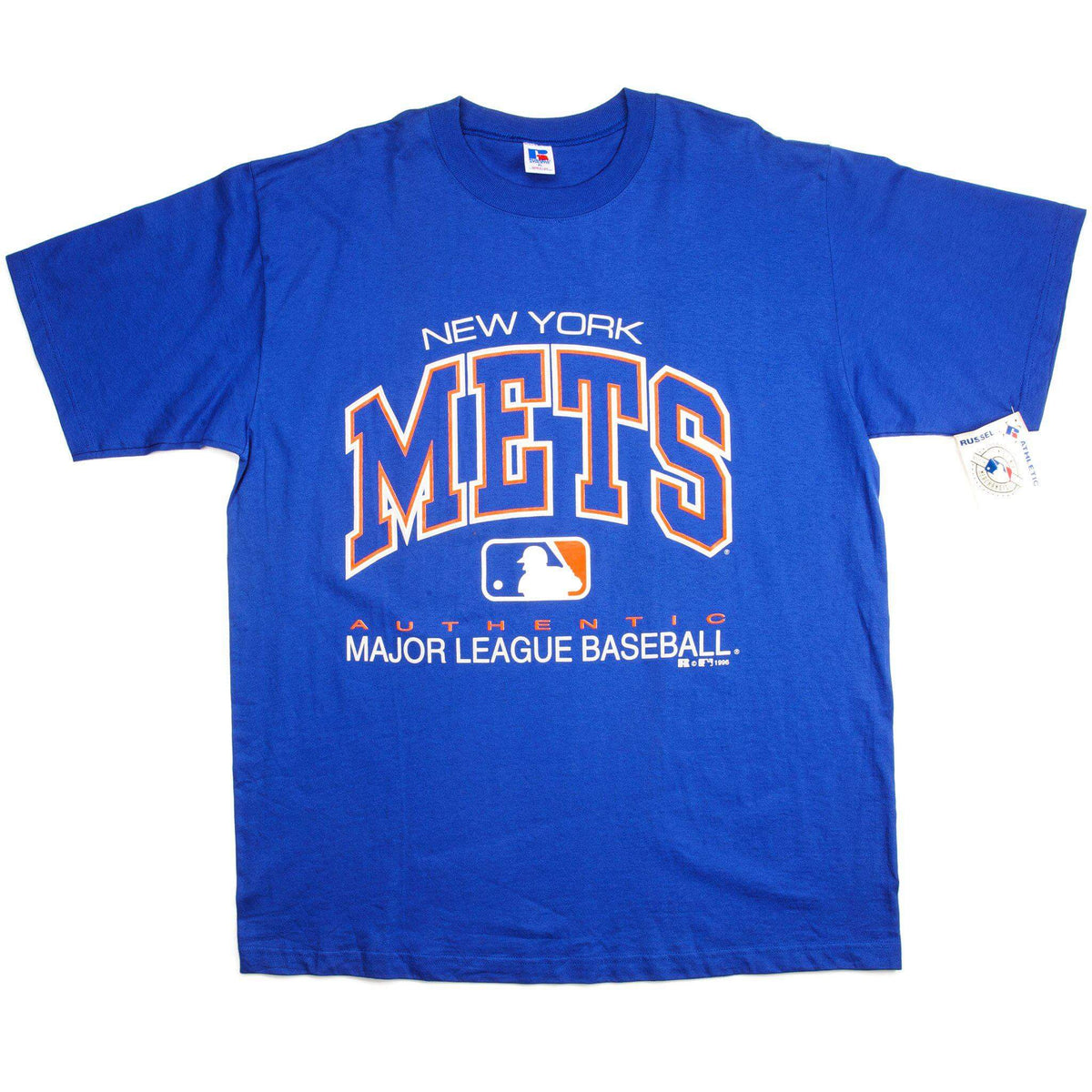 Full front view of blue New York Mets MLB T-shirt with attached Russell Athletic hang tag