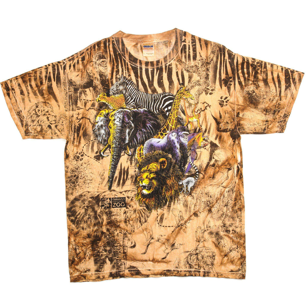 Full front of Omaha's Henry Doorly Zoo tee with lion, elephant, gorilla, giraffe and zebra graphic