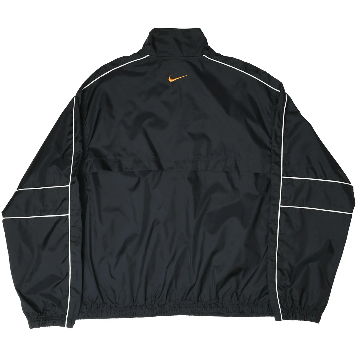 Back of black Nike windbreaker with orange Swoosh embroidery and white piping