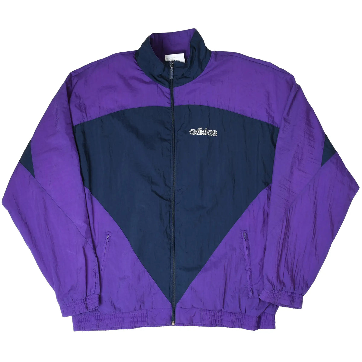 Full front view of purple and navy Adidas windbreaker with zip pockets and elastic hem