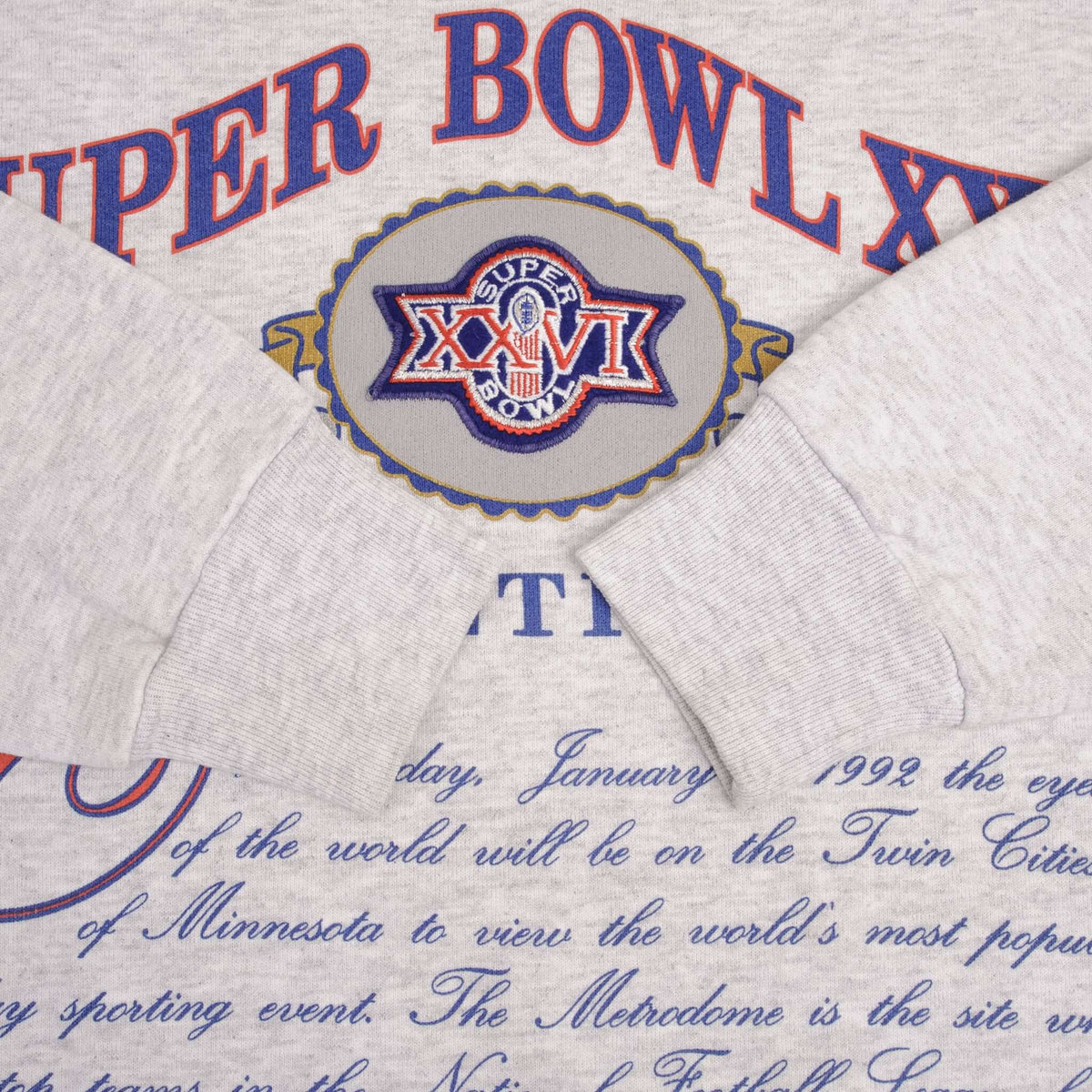xVintage Nfl Super Bowl Xxvi Twin Cities 1992 Sweatshirt Size Large Made In USA
