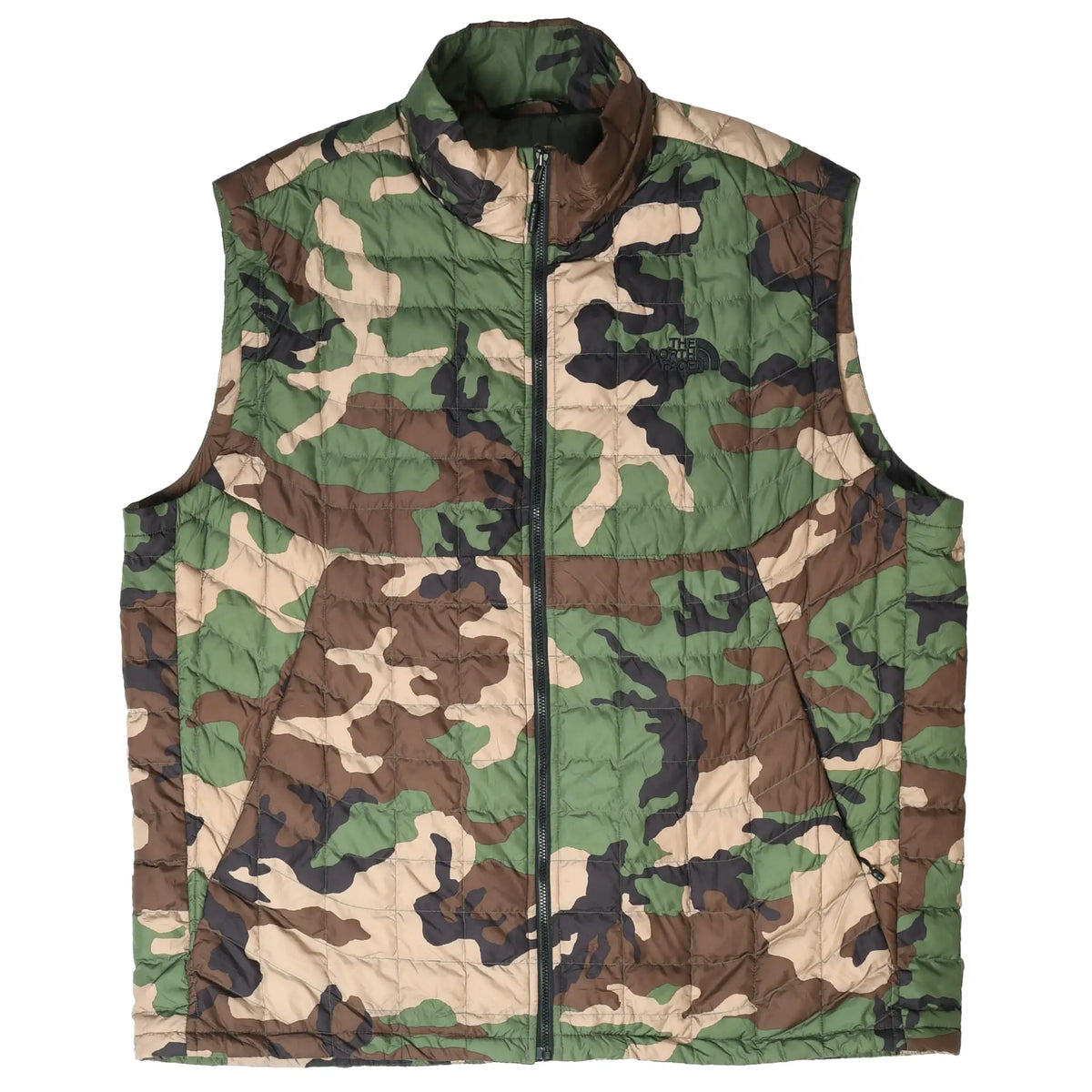 Front view of The North Face ThermoBall camouflage puffer vest with full zip and stand collar