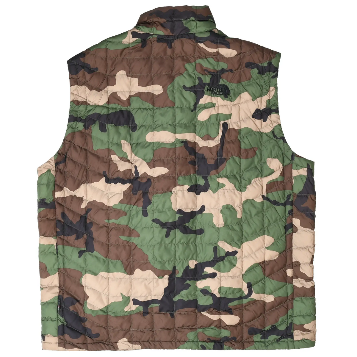 Back view of The North Face ThermoBall puffer vest in green, brown, and tan camouflage