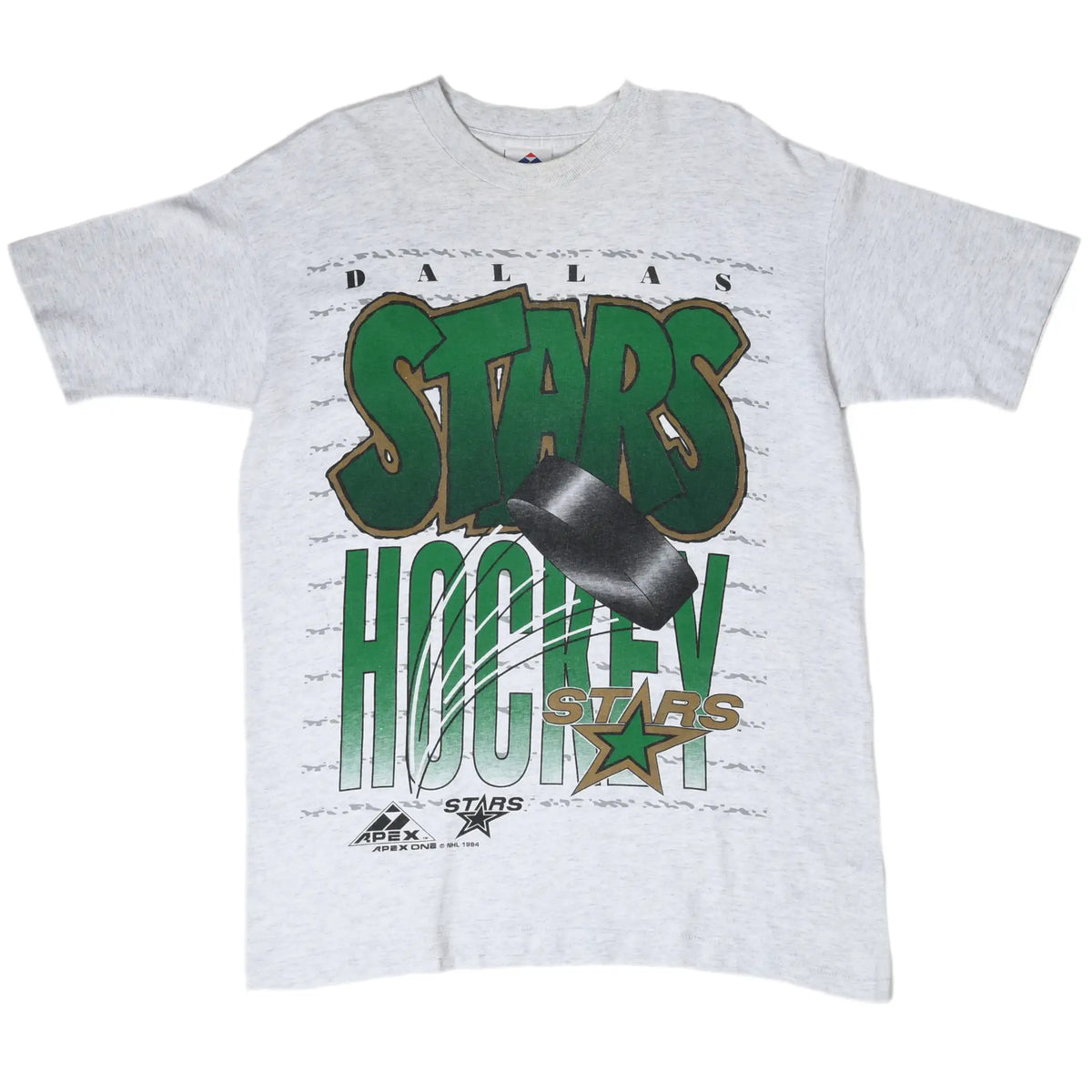 Full front view of gray Dallas Stars T-shirt with green and gold hockey print