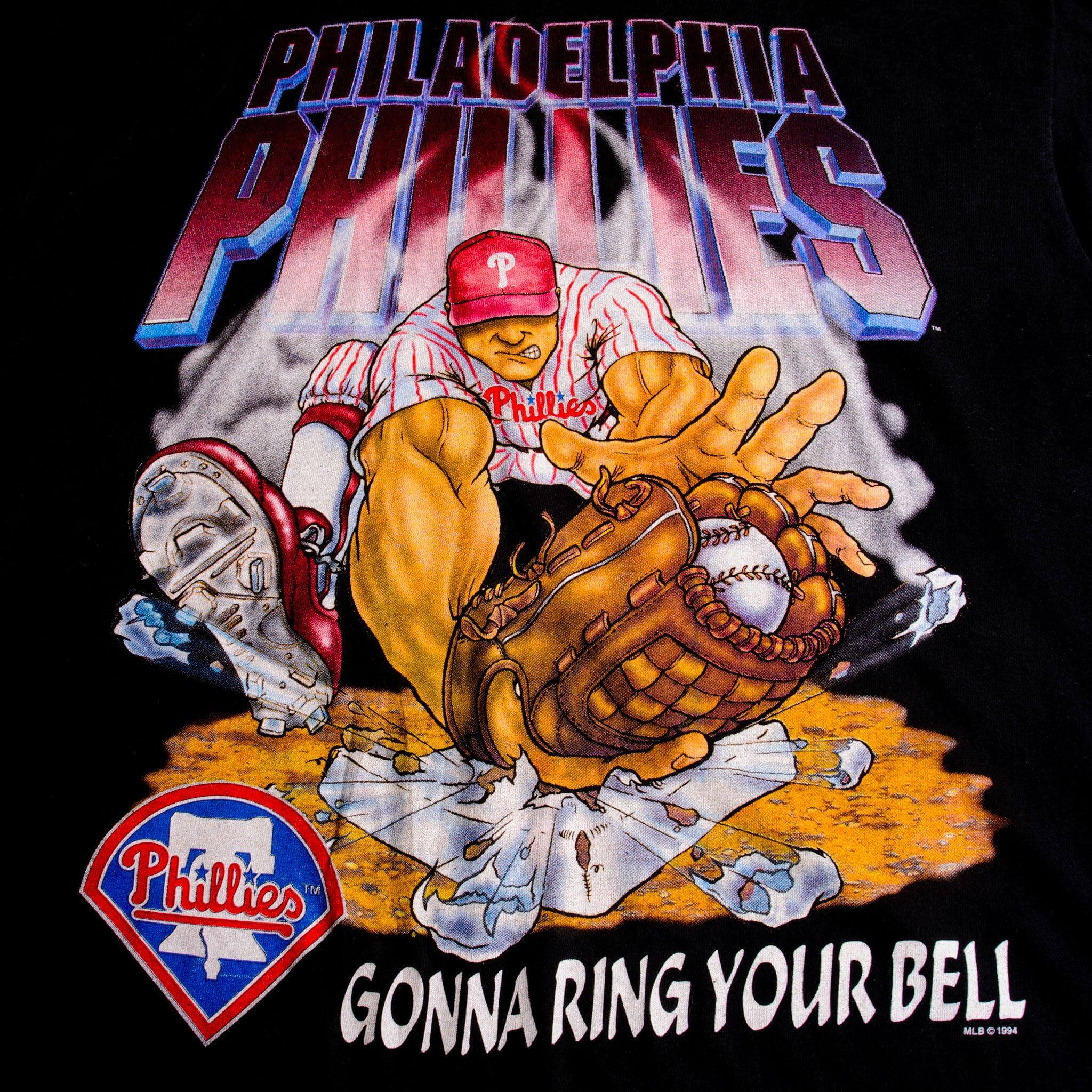 Vintage MLB Philadelphia Phillies Gonna Ring Your Bell Tee Shirt 1994 Size XL Made In USA with single stitch sleeves.