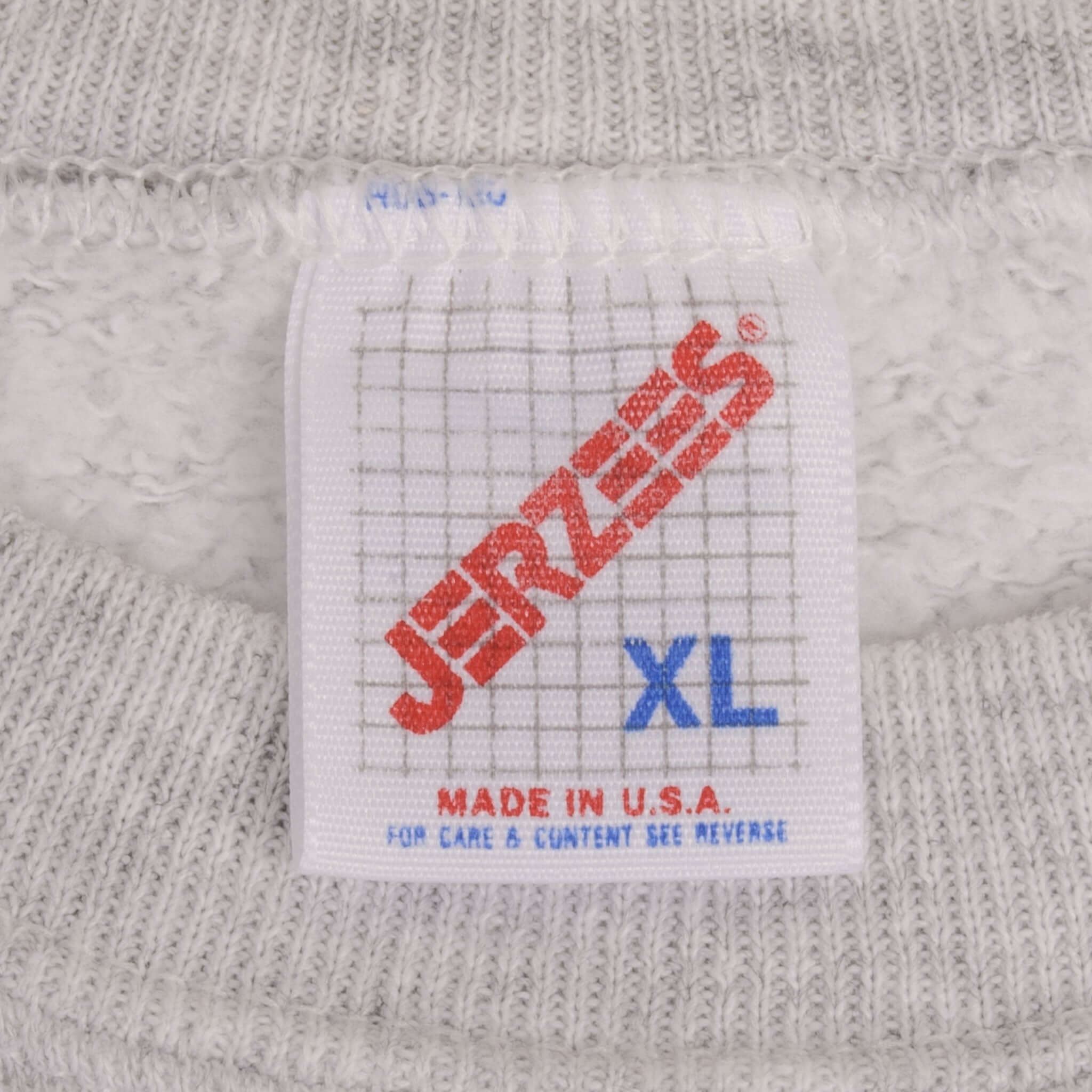 Jerzees XL Made in USA neck tag inside gray sweatshirt