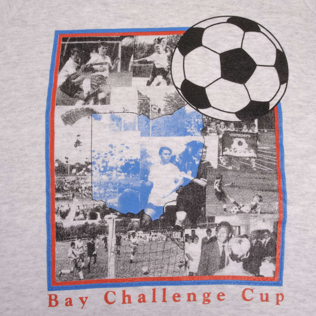 Bay Challenge Cup soccer print detail with photo collage and black-and-white ball