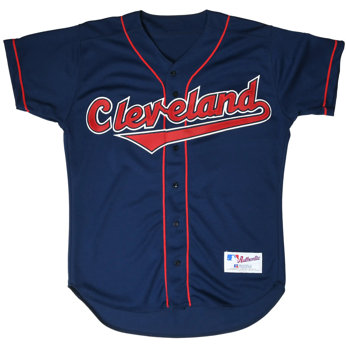 Front view of navy Cleveland Indians jersey with red piping, buttons, and script logo