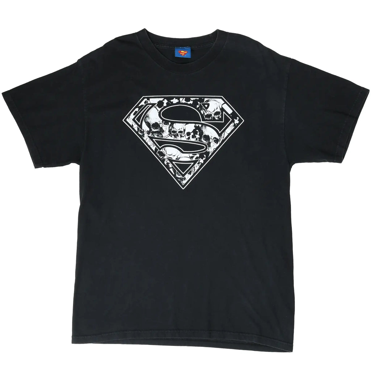Full front view of black Superman T-shirt with white skull shield print