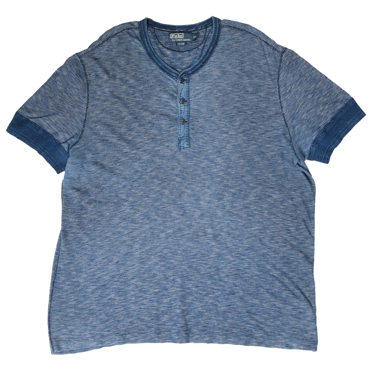 Front of Polo Ralph Lauren blue striped short-sleeve henley T-shirt with ribbed cuffs
