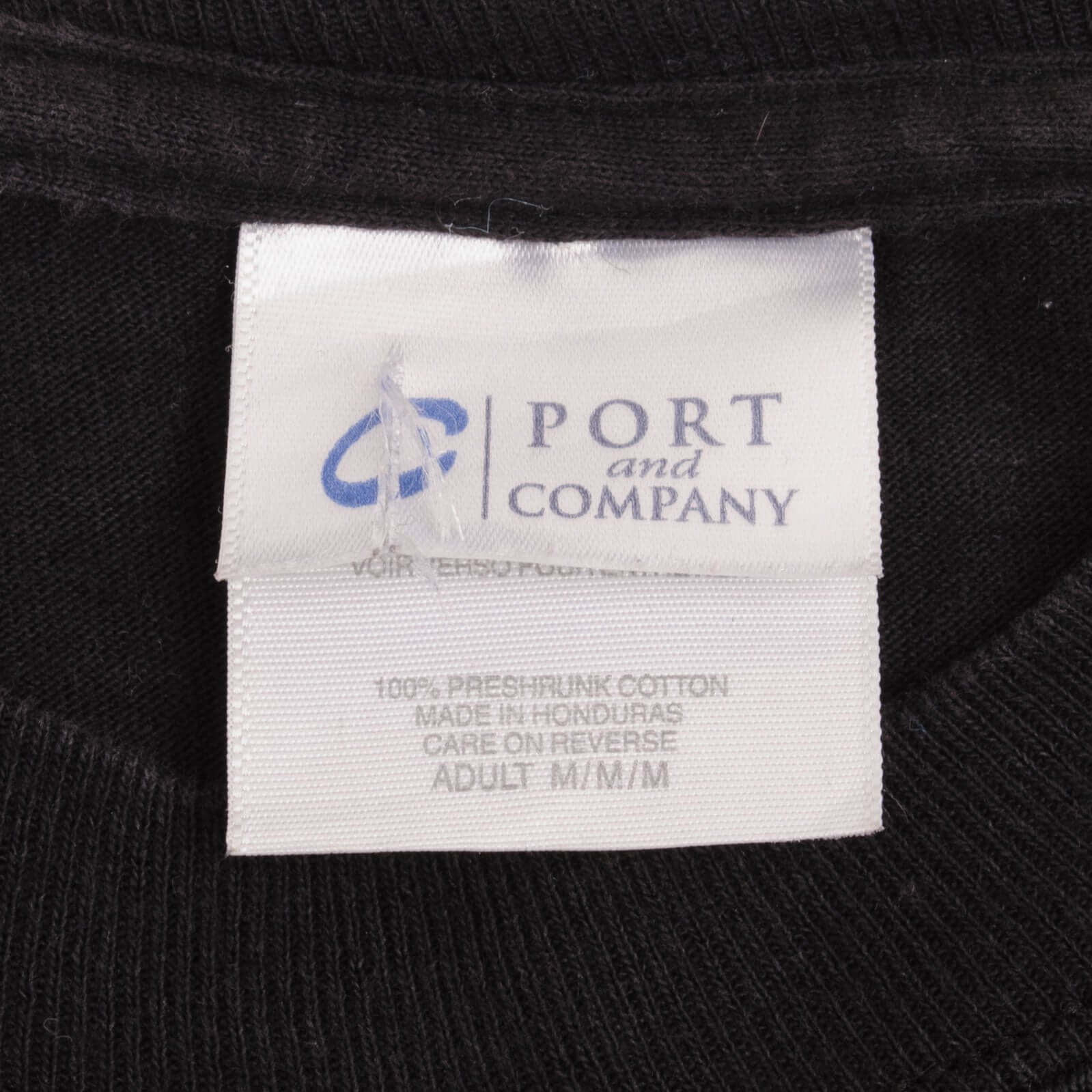 Port and Company neck label marked adult M on black T-shirt