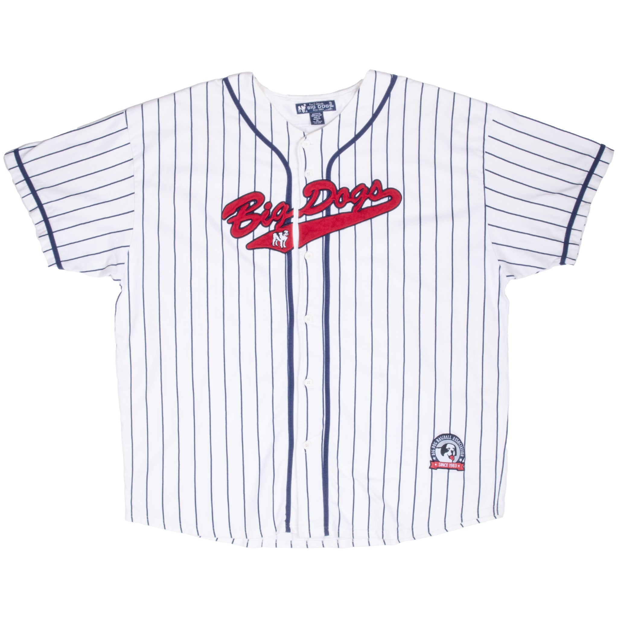 Full front of white Big Dogs baseball jersey with navy pinstripes and red logo