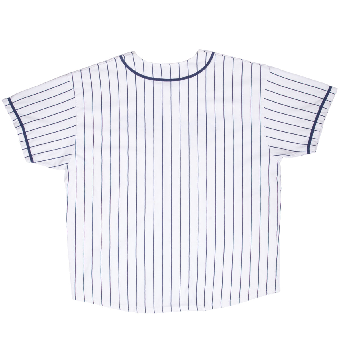 Back of white Big Dogs baseball jersey with navy pinstripes