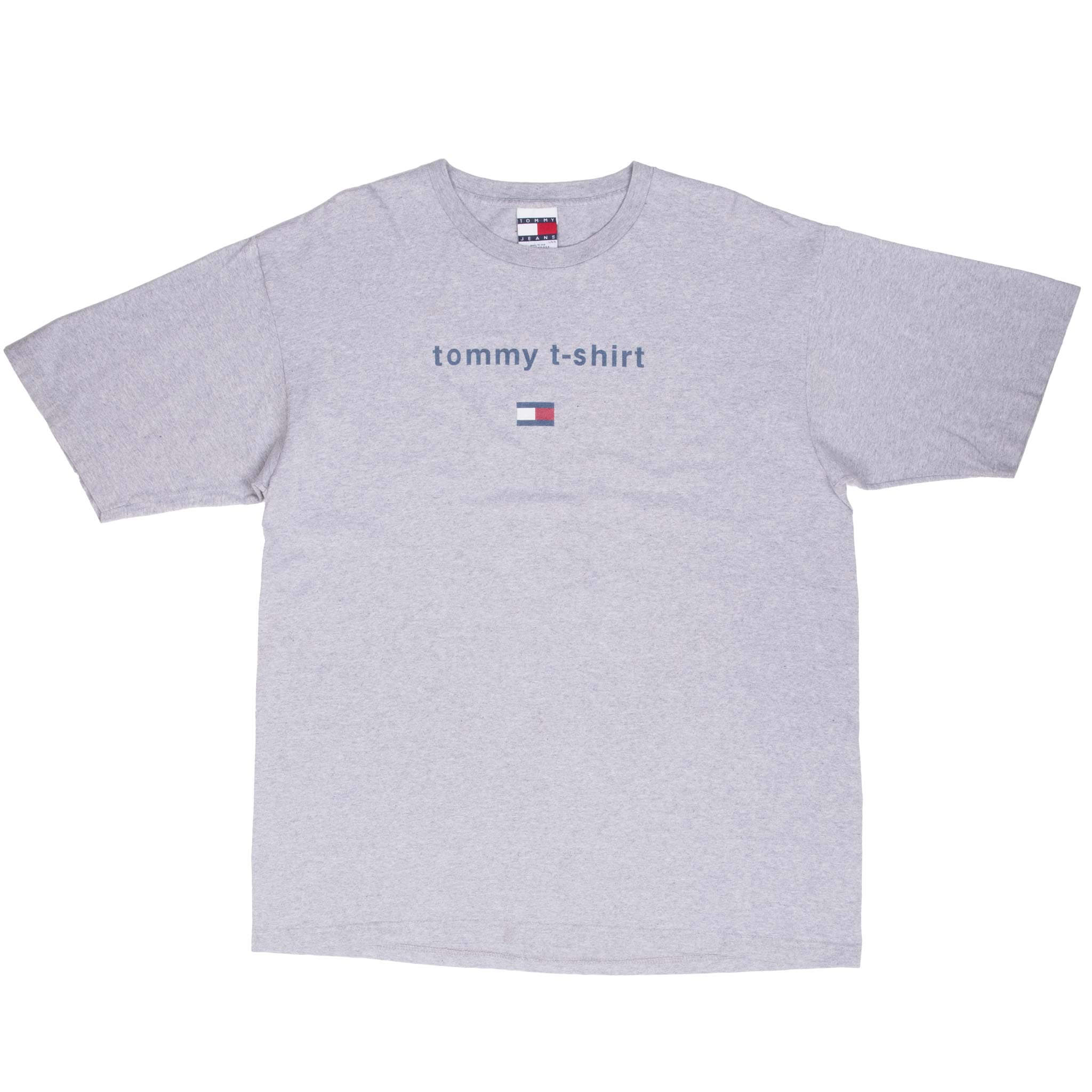 Full front of grey Tommy Hilfiger T-shirt with chest logo and tommy t-shirt print