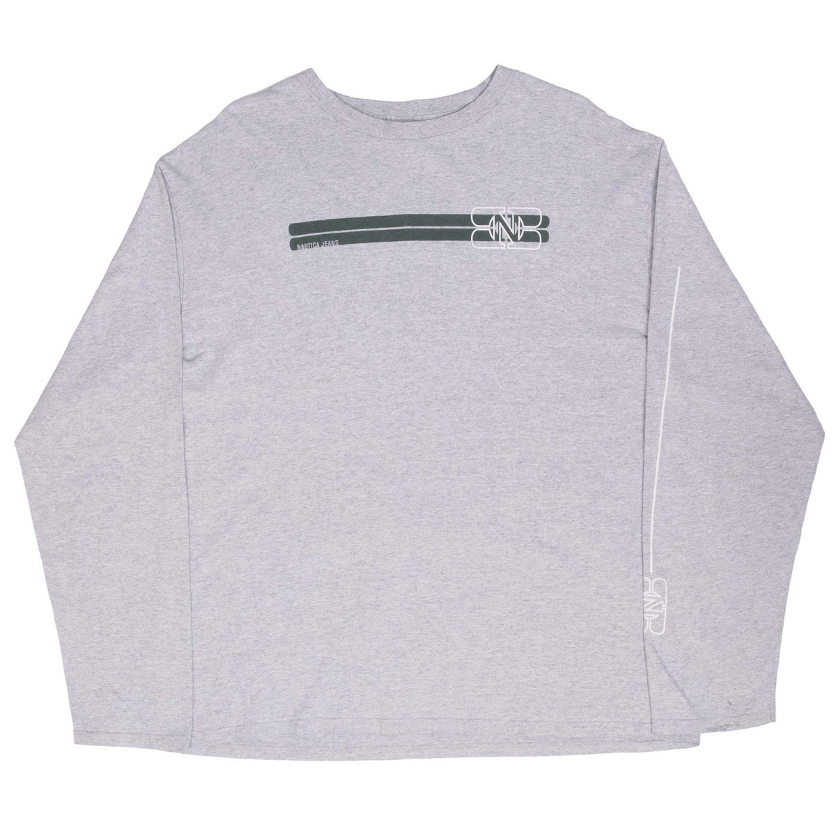 Full front view of grey Nautica Jeans long-sleeve T-shirt with horizontal logo graphic